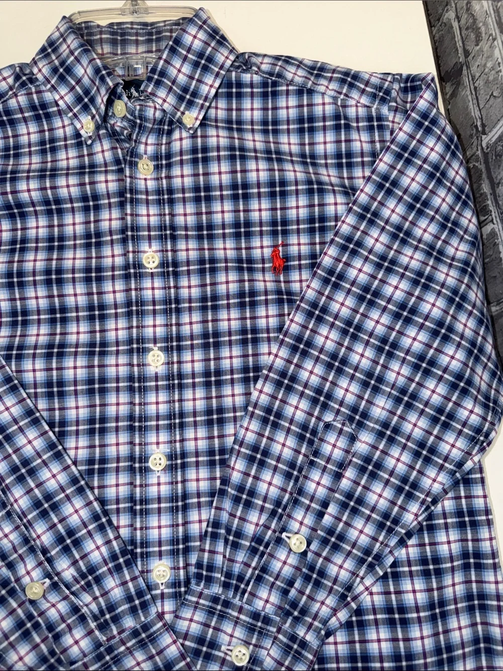 Ralph Lauren Blue and White Plaid Button-Down Shirt with Red Pony